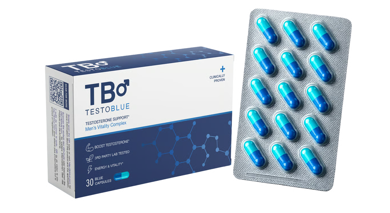 Testo Blue box beside a blister sheet of blue capsules