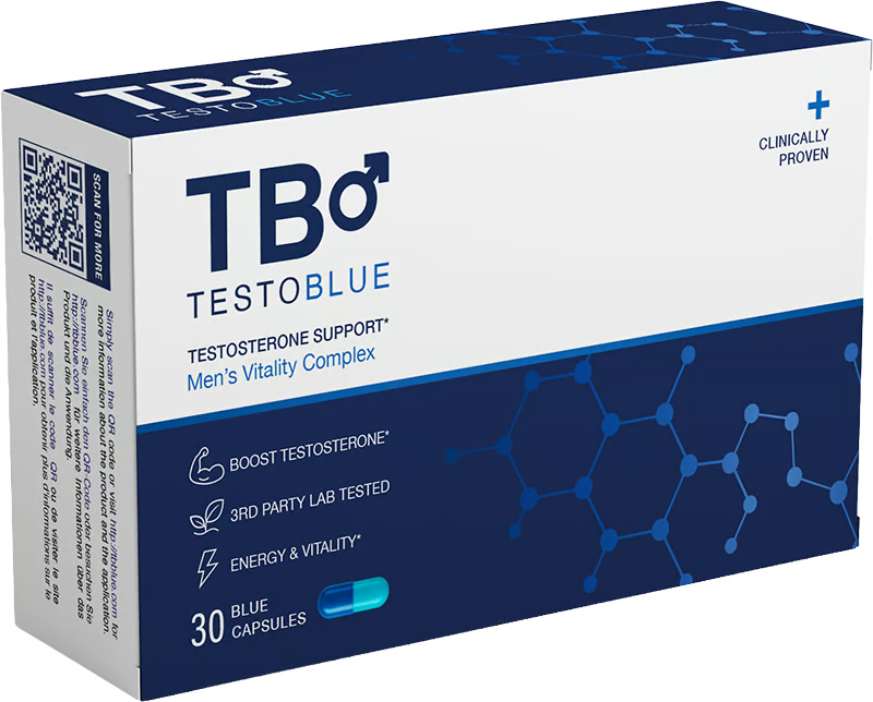 Testo Blue product box showing testosterone support and men's vitality complex packaging text
